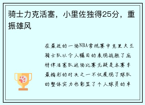 骑士力克活塞，小里佐独得25分，重振雄风